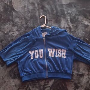 Blue Cropped Hoodie with 'You Wish' Embroidery